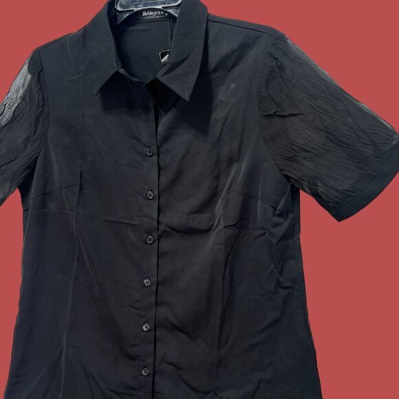Allegra K - Women's Short Sleeve Button Front Blouse - Black - Medium - Picture 13 of 13